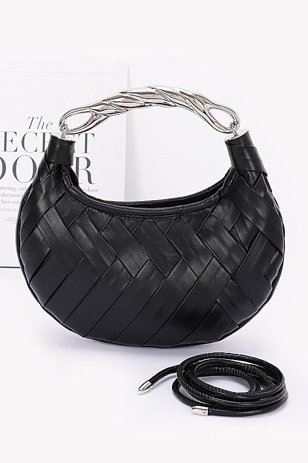 Faux Leather Braided Metal Handle Clutch