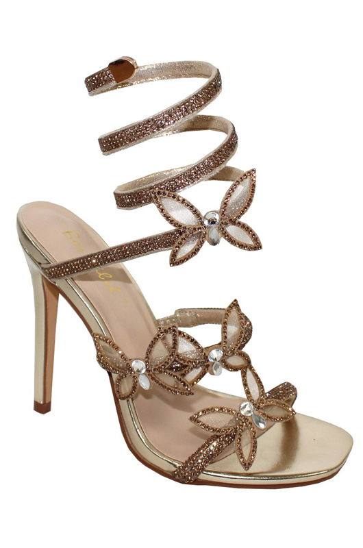 Elegant Wrap-Around Ankle Heel with Gemstone & Butterfly Accents