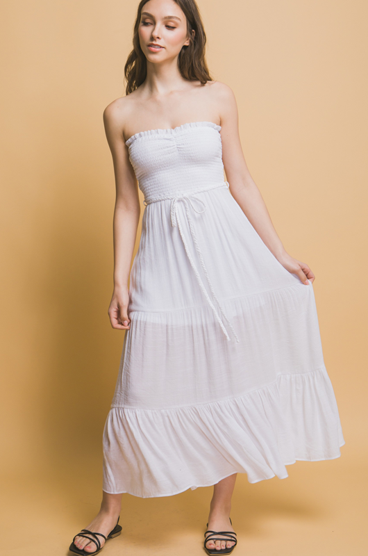 Strapless Smocked Tiered Maxi Dress with Adjustable Waist Tie