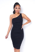 One Shoulder Shirred  Dress-OLD LETS GO APPAREL